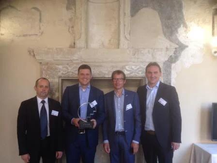 The proud winners of the IWA-KWR Award (fltr): Sven-Roger Kahl (Ardagh Glass), Olaf van der Kolk (Reststoffenunie), Jan Peter van de Hoek (Waternet) en Ludwig Cammaert (Desso).