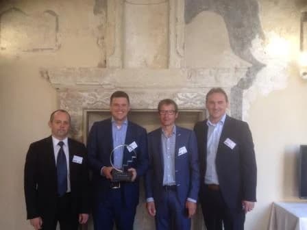 The proud winners of the IWA-KWR Award (fltr): Sven-Roger Kahl (Ardagh Glass), Olaf van der Kolk (Reststoffenunie), Jan Peter van de Hoek (Waternet) en Ludwig Cammaert (Desso).